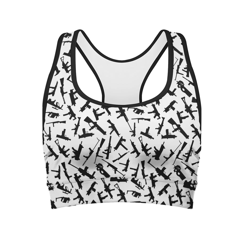 Black And White Guns Pattern Print Women's Sports Bra