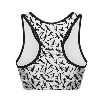 Black And White Guns Pattern Print Women's Sports Bra