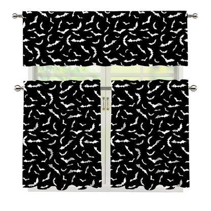 Black And White Halloween Bat Print 3 Piece Kitchen Curtains