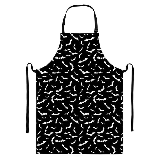 Black And White Halloween Bat Print Bib Apron With Pocket
