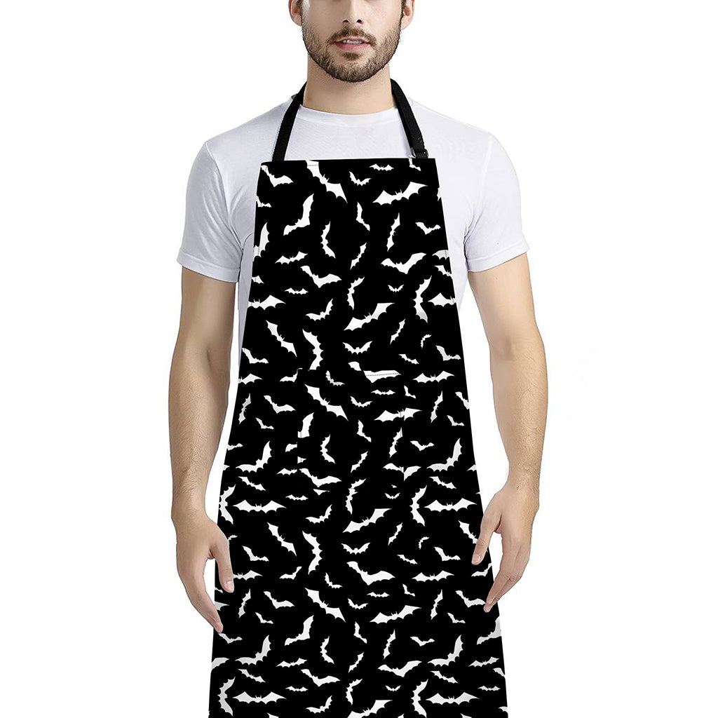 Black And White Halloween Bat Print Bib Apron With Pocket