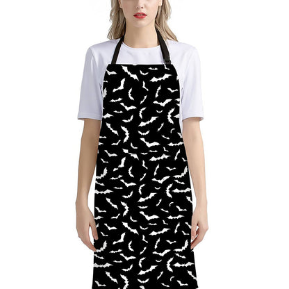 Black And White Halloween Bat Print Bib Apron With Pocket