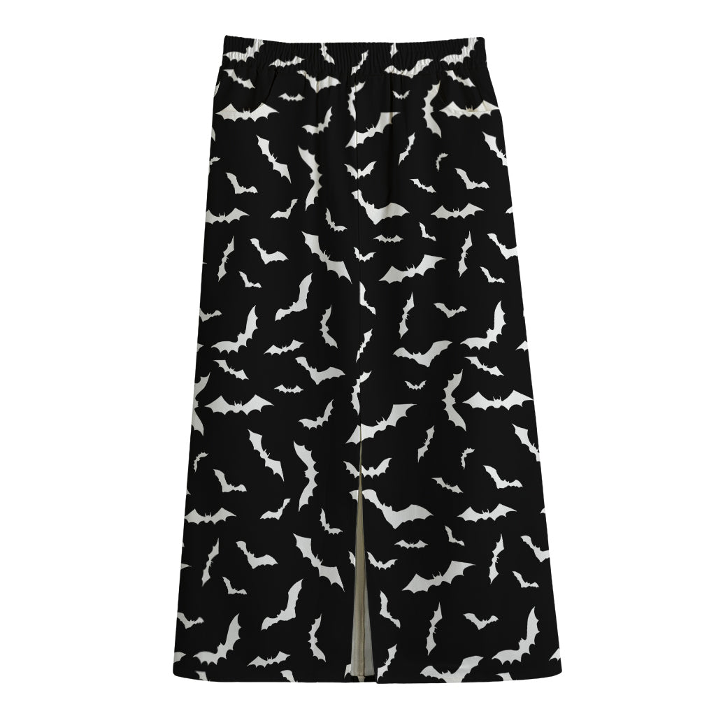Black And White Halloween Bat Print Cotton Front Slit Maxi Skirt