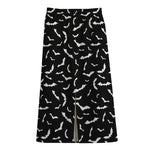 Black And White Halloween Bat Print Cotton Front Slit Maxi Skirt