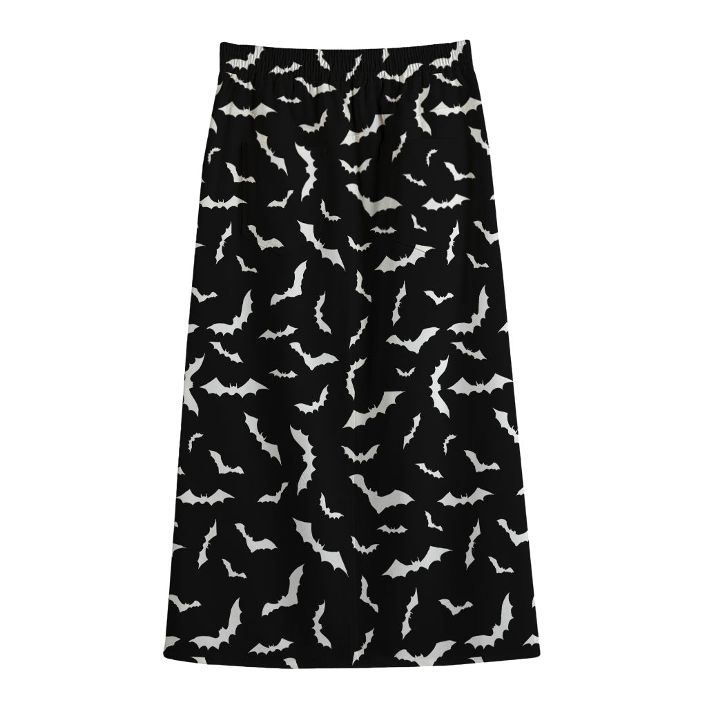 Black And White Halloween Bat Print Cotton Front Slit Maxi Skirt