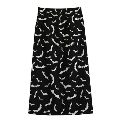 Black And White Halloween Bat Print Cotton Front Slit Maxi Skirt