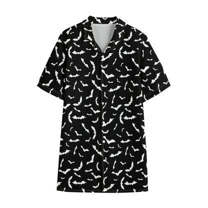 Black And White Halloween Bat Print Cotton Hawaiian Shirt