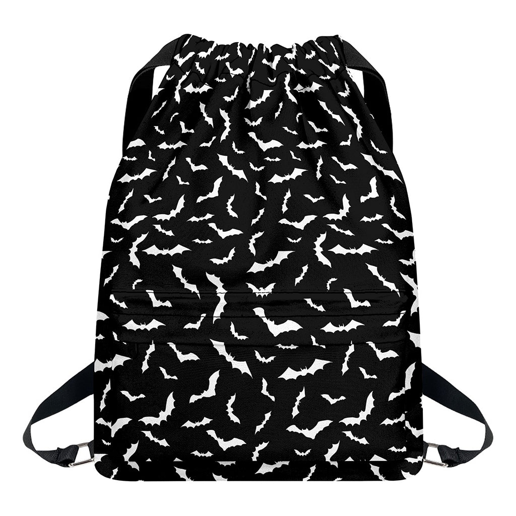 Black And White Halloween Bat Print Drawstring Backpack