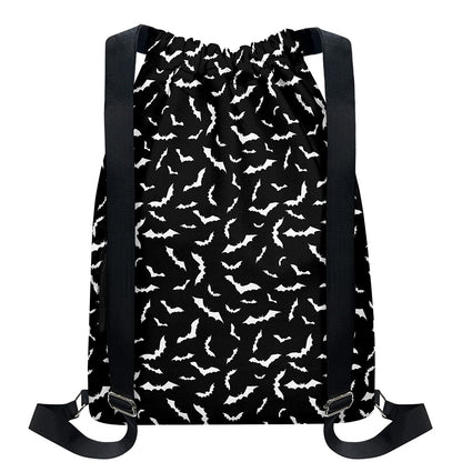Black And White Halloween Bat Print Drawstring Backpack