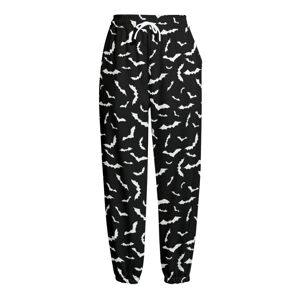 Black And White Halloween Bat Print Fleece Lined Knit Pants