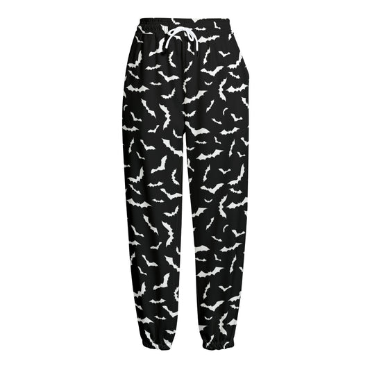 Black And White Halloween Bat Print Fleece Lined Knit Pants