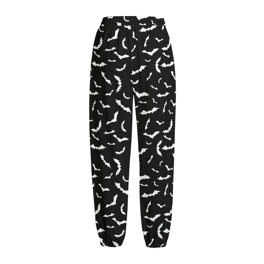 Black And White Halloween Bat Print Fleece Lined Knit Pants