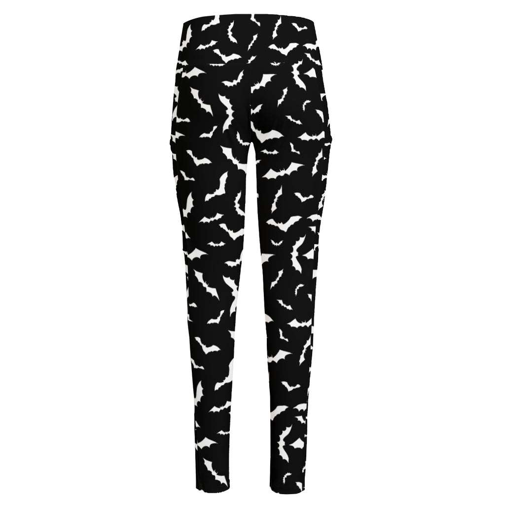 Black And White Halloween Bat Print High-Waisted Pocket Leggings