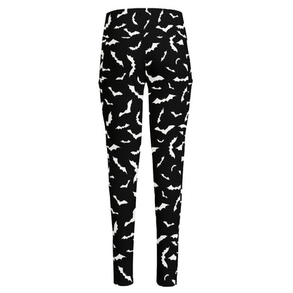 Black And White Halloween Bat Print High-Waisted Pocket Leggings