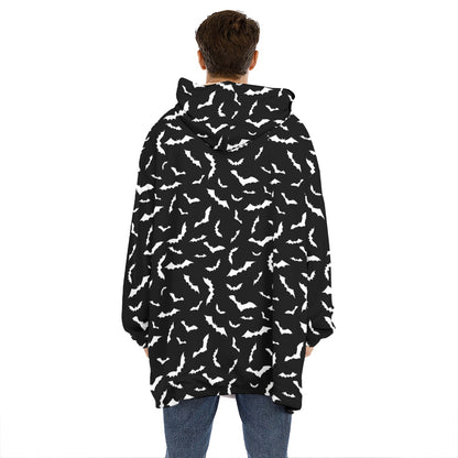 Black And White Halloween Bat Print Hoodie Blanket