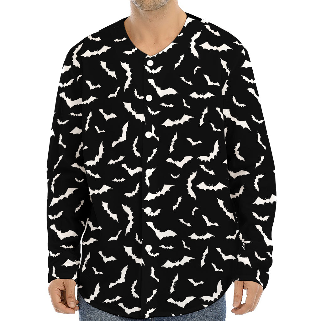 Black And White Halloween Bat Print Long Sleeve Baseball Jersey