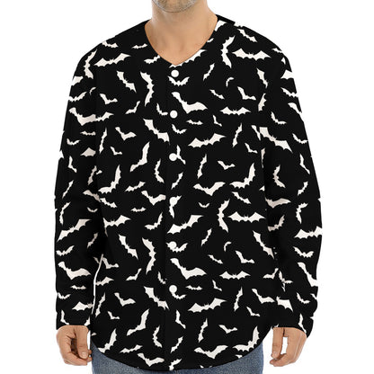 Black And White Halloween Bat Print Long Sleeve Baseball Jersey