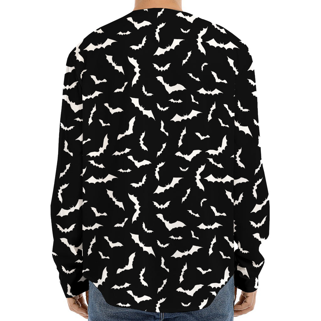 Black And White Halloween Bat Print Long Sleeve Baseball Jersey