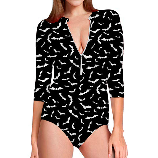 Black And White Halloween Bat Print Long Sleeve Swimsuit