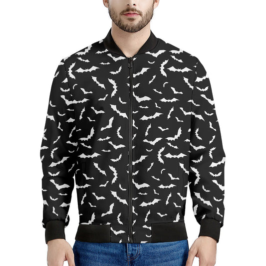 Black And White Halloween Bat Print Men's Bomber Jacket