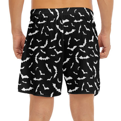 Black And White Halloween Bat Print Men's Split Running Shorts