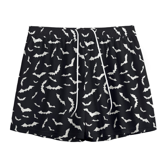 Black And White Halloween Bat Print Mesh Shorts