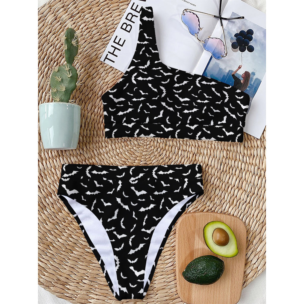 Black And White Halloween Bat Print One Shoulder Bikini Top
