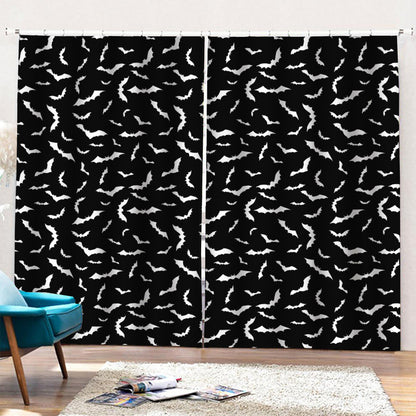 Black And White Halloween Bat Print Pencil Pleat Curtains