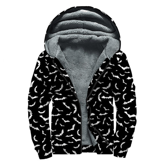 Black And White Halloween Bat Print Sherpa Lined Zip Up Hoodie