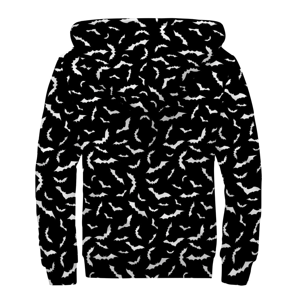 Black And White Halloween Bat Print Sherpa Lined Zip Up Hoodie