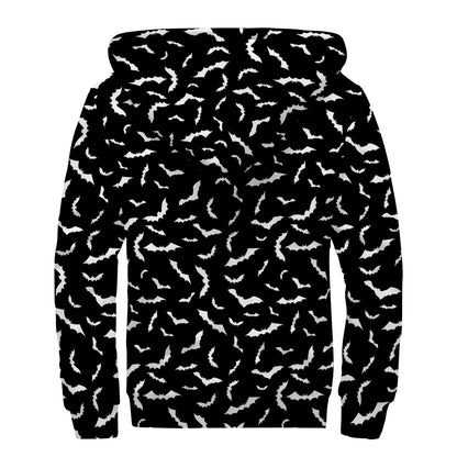 Black And White Halloween Bat Print Sherpa Lined Zip Up Hoodie
