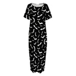 Black And White Halloween Bat Print Short Sleeve Long Nightdress