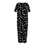 Black And White Halloween Bat Print Short Sleeve Long Nightdress