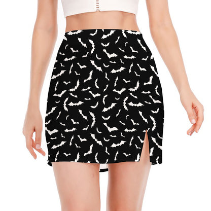 Black And White Halloween Bat Print Side Slit Mini Skirt