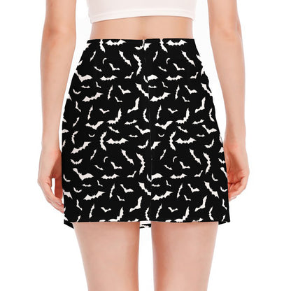 Black And White Halloween Bat Print Side Slit Mini Skirt