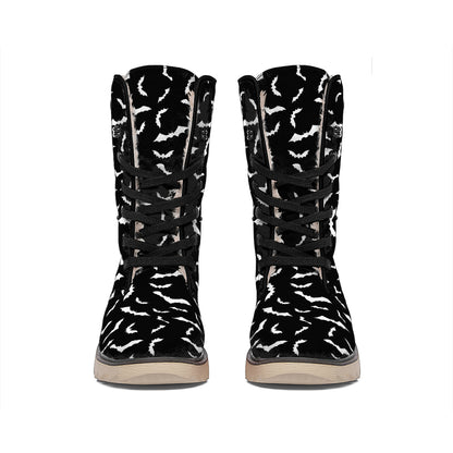 Black And White Halloween Bat Print Winter Boots
