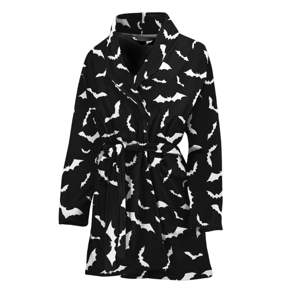 Black And White Halloween Bat Print Women's Bathrobe