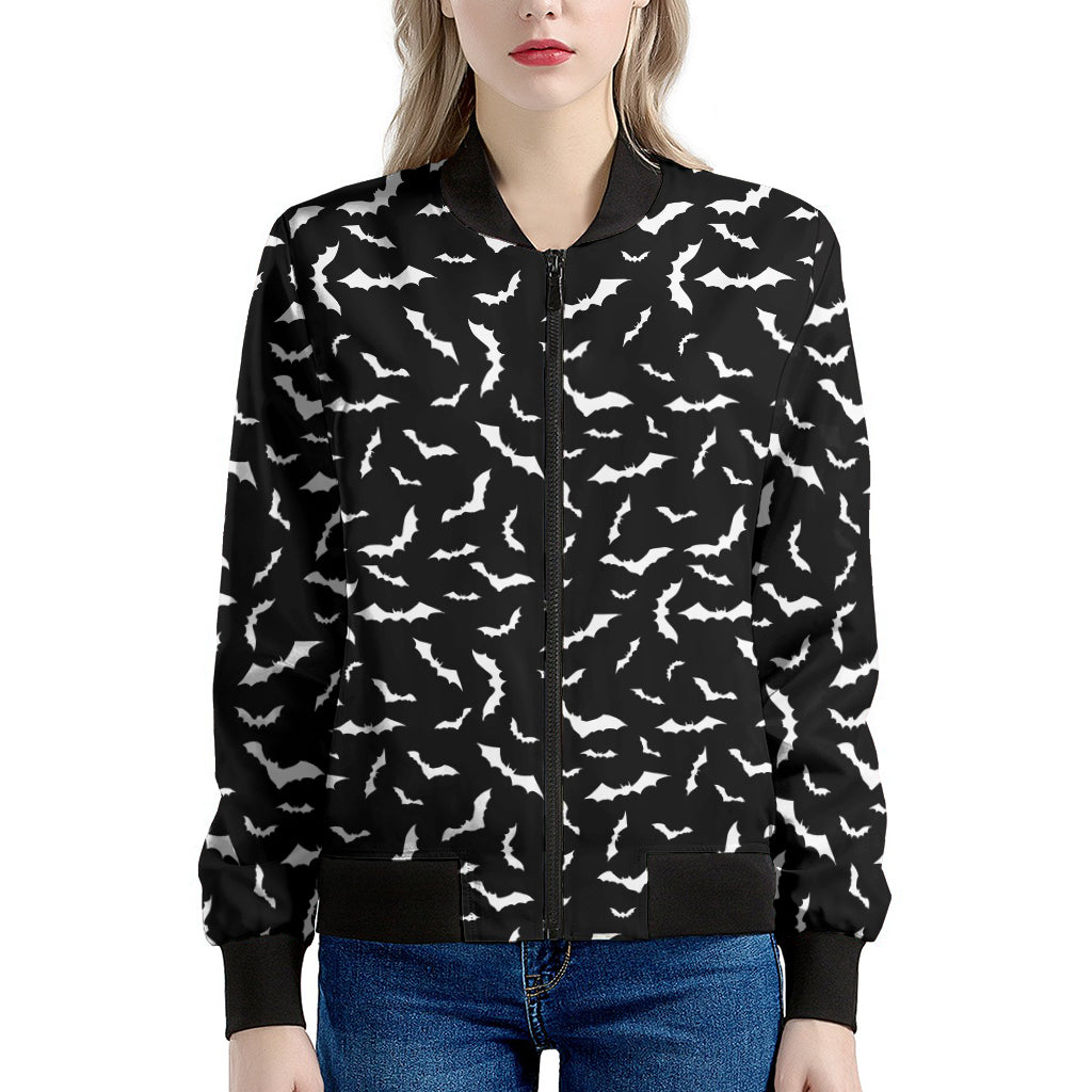 Black And White Halloween Bat Print Women's Bomber Jacket