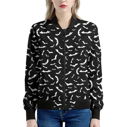 Black And White Halloween Bat Print Women's Bomber Jacket
