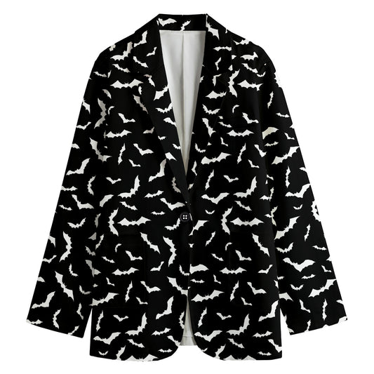 Black And White Halloween Bat Print Women's Cotton Blazer
