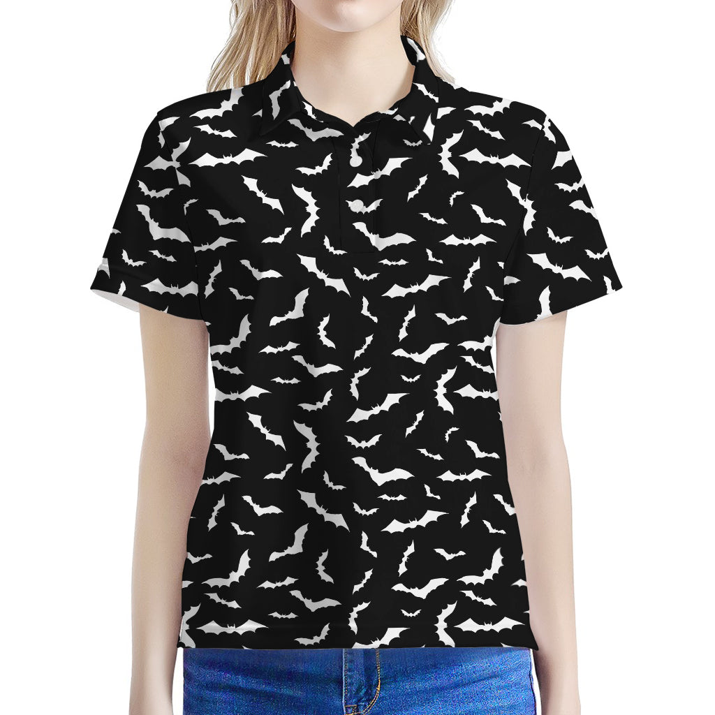 Black And White Halloween Bat Print Women's Polo Shirt