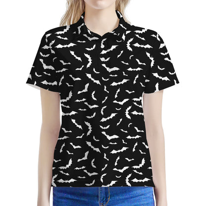 Black And White Halloween Bat Print Women's Polo Shirt