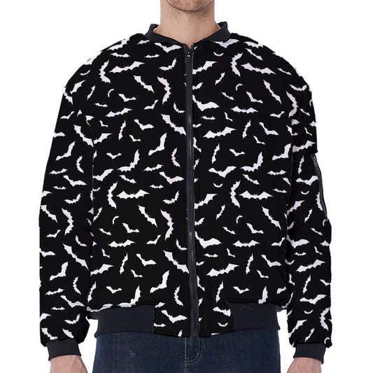 Black And White Halloween Bat Print Zip Sleeve Bomber Jacket