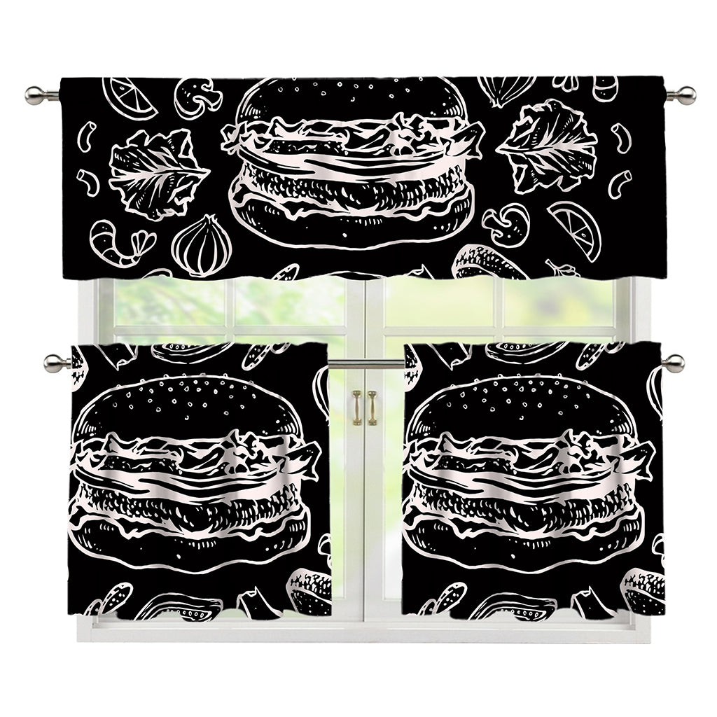 Black And White Hamburger Print 3 Piece Kitchen Curtains