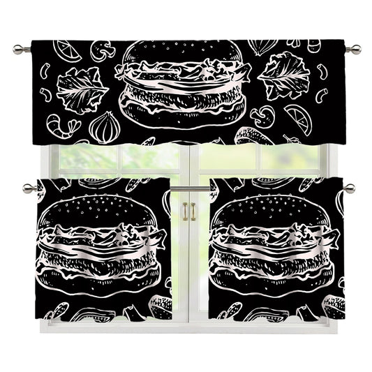 Black And White Hamburger Print 3 Piece Kitchen Curtains