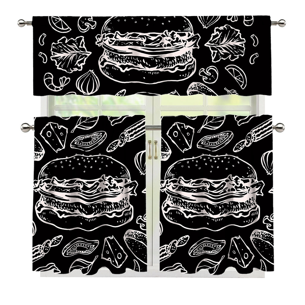Black And White Hamburger Print 3 Piece Kitchen Curtains