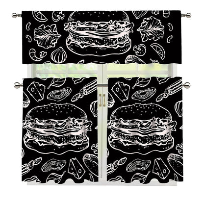 Black And White Hamburger Print 3 Piece Kitchen Curtains