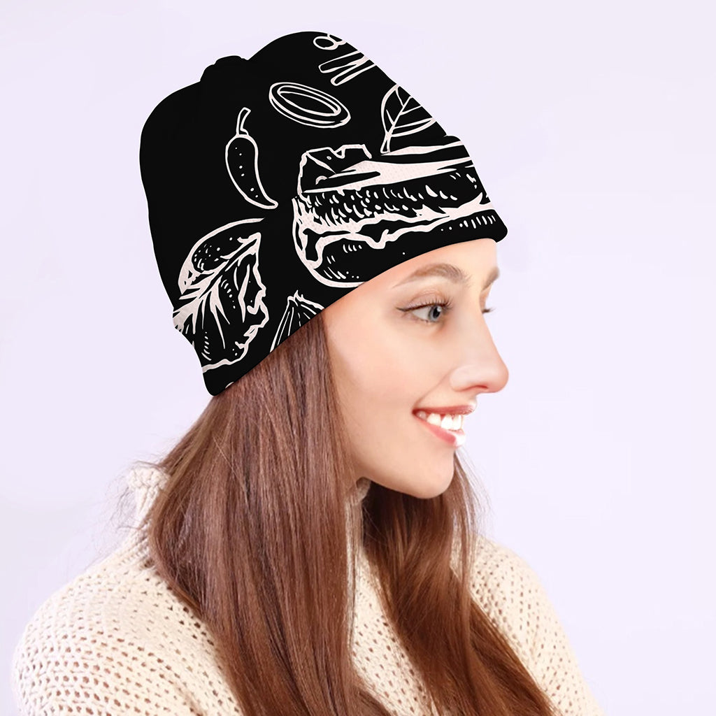 Black And White Hamburger Print Beanie