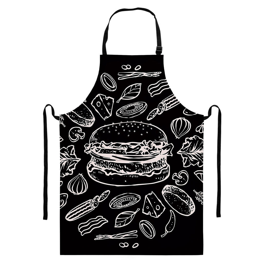 Black And White Hamburger Print Bib Apron With Pocket
