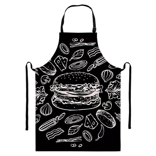 Black And White Hamburger Print Bib Apron With Pocket